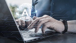 person typing on a keyboard with "AI" hovering over the keyboard
