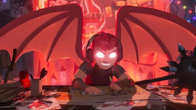 A screenshot from Nimona featuring Nimona seated at a desk strewn with drawings with her eyes glowing red and large pink wings sprouting from her back