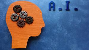 human profile with gears on a background that says AI