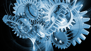 interlocking gears on an abstract fractal background