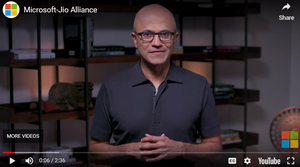Microsoft CEO Satya Nadella comments on the new cloud partnership with Reliance Jio in a YouTube video.